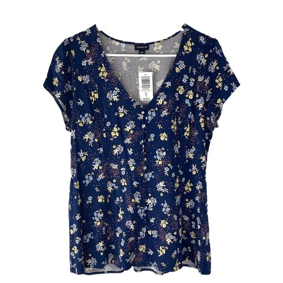 Torrid Navy Floral Stretch Challis Corset Back Blouse Size 00, Medium, 10 - Picture 13 of 16
